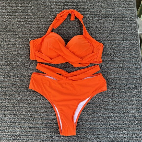 Shein Twist Front Push Up 2 Piece Bikini Swimsuit Set Orange Size Large Cheeky - Picture 4 of 13